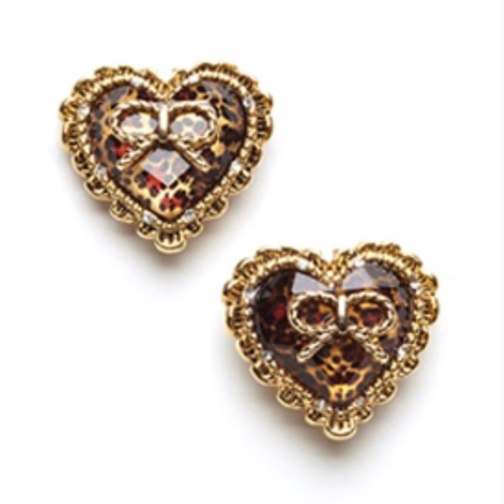 Betsey Johnson Gold Heart Leopard Print Stud Earrings